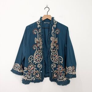 Soft Surroundings Embroidered Boho Jacket Top Teal Open Front Fringe XL